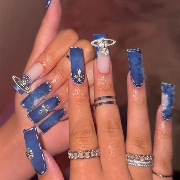 24 Pieces Long Square False Nails French Tip Jeans Pattern Stick On Nails Rhinestone Press On Nails Glue On Nails Removable Full Cover Acrylic Fake Nails Set Women Bridal Nail Art Accessories