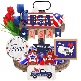4th of July Tiered Tray Decor, 12 Pcs Patriotic Wooden Signs Tiered Tray Decorations, 4th of July Red White Blue Tiered Tray Decor for Memorial Day Labor Independence Farmhouse Rustic Decor for Home