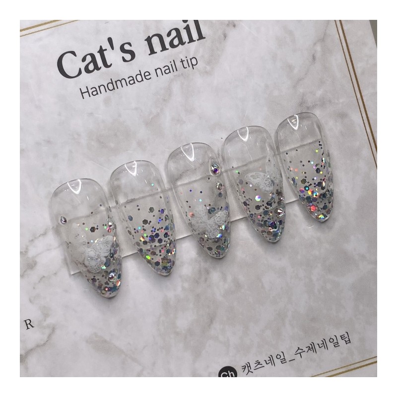 Glitter Butterfly Nail Handmade Nail Tips - Square / 글리터