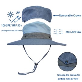 Solaris Wide Brim Boonie Hat w/Removable Crown UV Protection Outdoor Hiking Garden Hats
