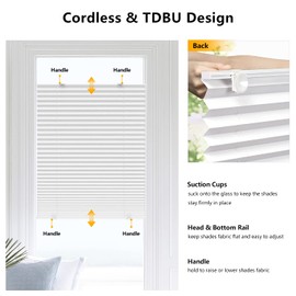 LazBlinds Tool-Free Cordless Pleated Shades with Suction Cups Light Filtering Top Down Bottom Up Pleated Blinds for Window Size 26" W x 64" H, Anthracite