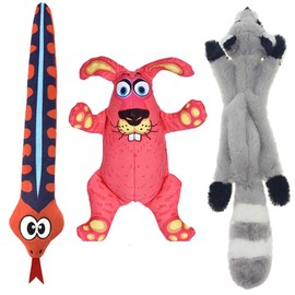 Squeaky Dog Toys for Small, Medium, and Large Pets, Cute Interactive Plush Dog Chew Toys, Rabbit, Sanke and Raccoon, 3 Pack