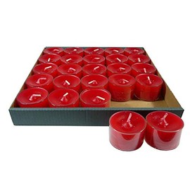 Nightlights Tea Lights in Acrylic Holders / Up to 8 Hours Burning Time Transparent Plastic Cover / Economy Pack 25 Pieces / Ruby Red