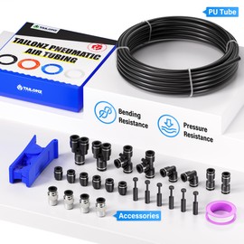 TAILONZ PNEUMATIC Black 1/2 Inch OD 10 Meter 32.8ft PU Polyurethane Air Tubing Kit Pipe Hose Air Line Tubing Air Hose Fittings Push to Connect Fittings(27PCS)