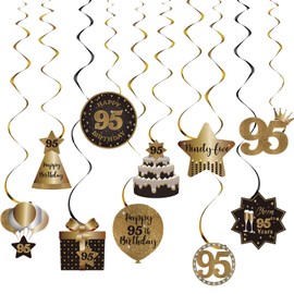 Happy 95th Birthday Party Hanging Swirls Streams Ceiling Decorations, Celebration 95 Foil Hanging Swirls with Cutouts for 95 Years Old Black and Gold Birthday Party Decorations Supplies