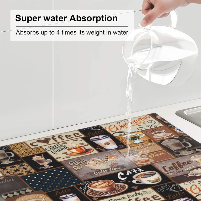 Boho Coffee Dish Drying Mat, Highly Absorbent Microfiber Kitchen Counter