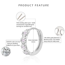 JEWAB Silver Earrings for Women Girls - Sterling Silver Flower Earrings, 12mm Beautiful Flower Earrings with Purple Cubic Zirconia Huggie Hoop Earrings | Hypoallergenic Sleeper Earrings Jewellery