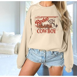 Western Sweatshirt Cowgirl Outfits for Women Rodeo Outfit Country Concert Tops Pullover Long Sleeve Sweaters Apricot