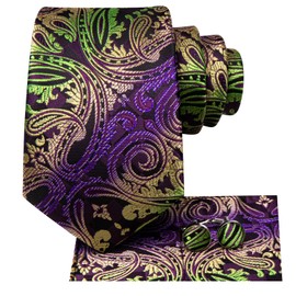 Hi-Tie Green Purple Paisley Ties for Men Mardi Gras Necktie Pocket Square Cufflinks Set Foral Tie Sets Formal Business