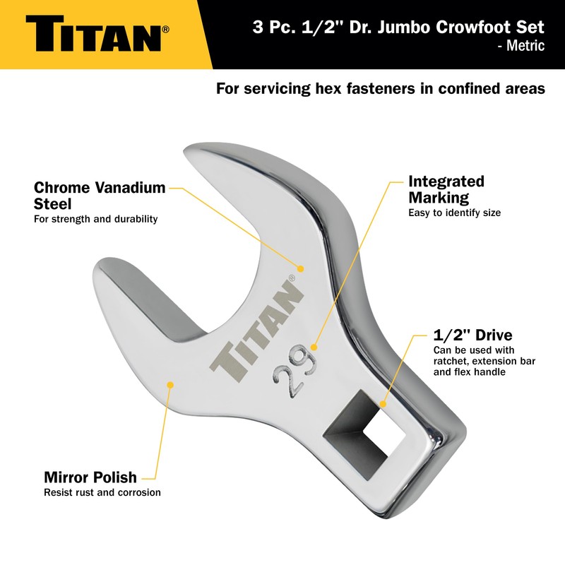 Titan 61199 3-Piece 1/2-Inch Drive Metric Full Polish Crowfoot Wrench