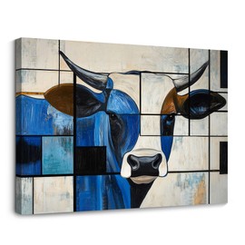 QZQCBLC Black and White Wall Art, Abstract Cow Geometric Modern Blue Pictures Graffiti Lines Painting Artwork for Living room Bedroom Bathroom kitchen Home Office Decor 12X16 IN