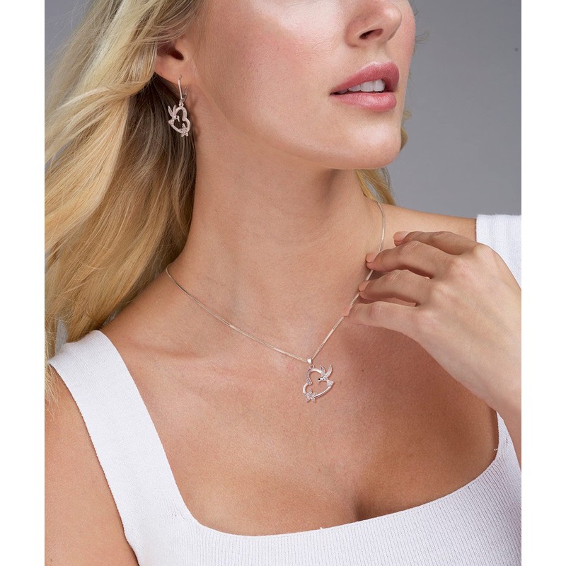 YL Hummingbird Nckelace 925 Sterling Silver Heart Pendant Cubic Zirconia