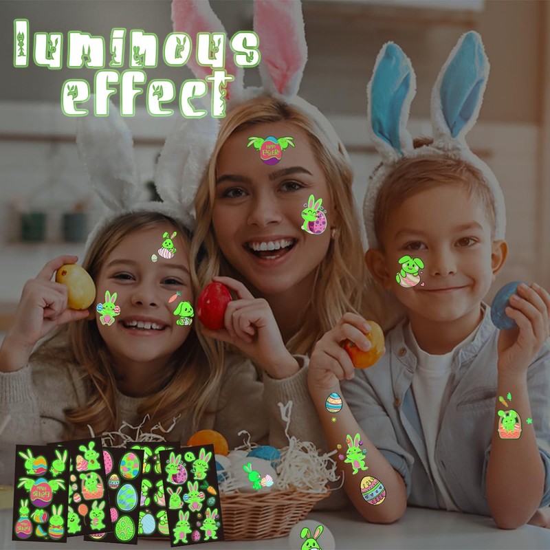 Easter Tattoo Easter Gifts Children, 15 Sheets Luminous Easter Eggs