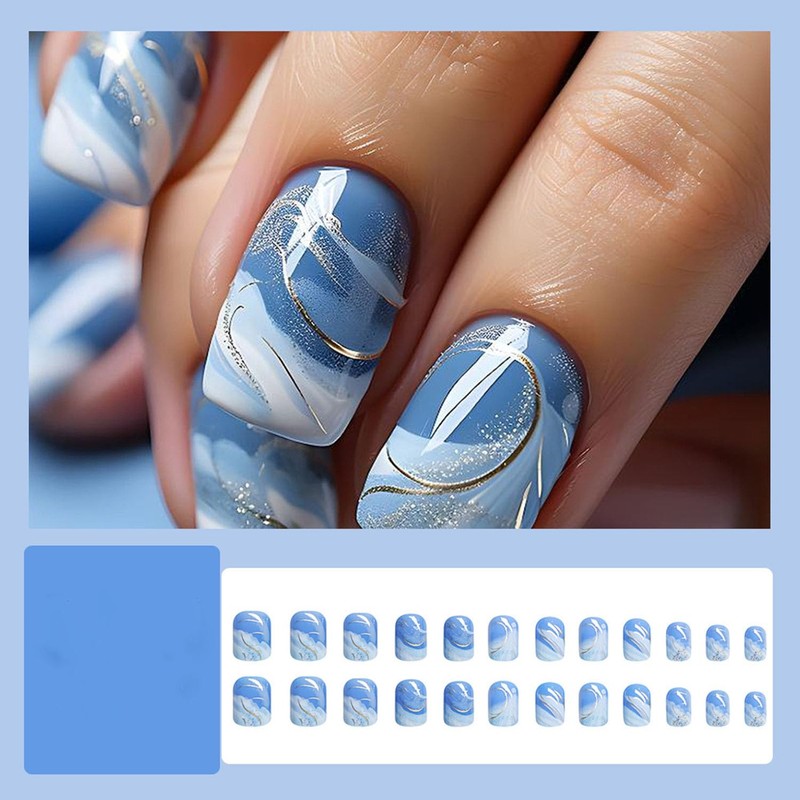 24 Pcs Press on Nails Short Square - ZIFANHU Blue