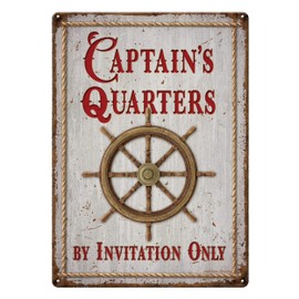 River's Edge Products Tin Sign, Captain's Quarters, Weatherproof with Pre-Punched Holes for Hanging, 12 by 17 Inches