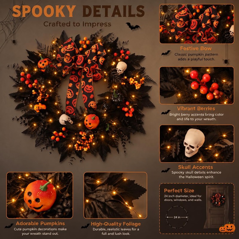 24 in Halloween Wreath for Front Door, Black Skeleton Spider