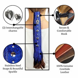 BLUE Glitter Leather Hair Wrap 6" inch to 22" - Handmade Ponytail Sleeve Long Hair Protector Frizz Saver | Colorful Bike Hair Tie Motorcycle Helmet Accessory Fringe & Crystals Made in USA (16 inch)