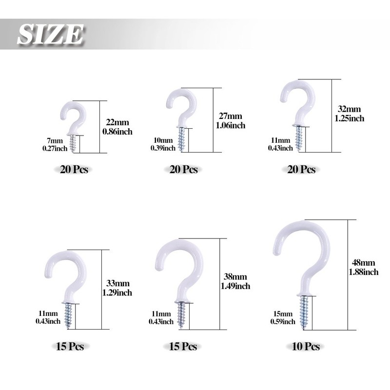 Swpeet 100Pcs White 6 Sizes Cup Hooks Assortment Kit, Vinyl