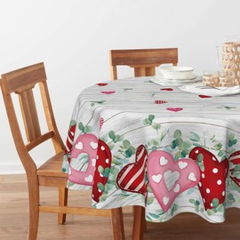 Horaldaily Valentine Tablecloth 70×70 Inch Round, Red Heart Eucalyptus White Wood Grain Washable Seasonal Table Cover for Party Picnic Dinner Decor