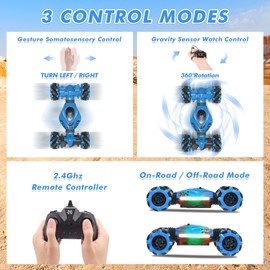 Fosgoit Remote Controlled Car from 4 Years 2.4 GHz RC Car Toy 4WD Stunt Twist Car, 360° Remote Controlled Car with Hand Control, Car Remote Controlled Gifts Stunt Car with Music and Light