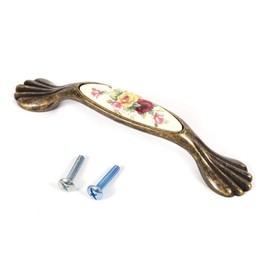 Beufee Ceramic Drawer Handles, Vintage Kitchen Cabinet Handle Antique Bronze Cabinet Knob Flower Pattern Alloy Drawer Pull with Screw(06)