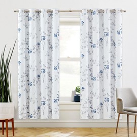 Beauoop Floral 100% Blackout Curtains 72 Inches Long 2 Panels for Bedroom Living Room Blue Grey and White Flower Patterned Room Darkening Thermal Soundproof Grommet Window Treatments Drapes, 52X72