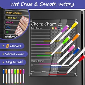 Acrylic Magnetic Chore Chart for Kids, 12"x10" Reward Responsibility Chart, Daily Chores Checklist for Adult, Weekly Dry/Wet Erase Fridge Board for Teens Family, w/ 8 Markers & Towel, 2 Pack