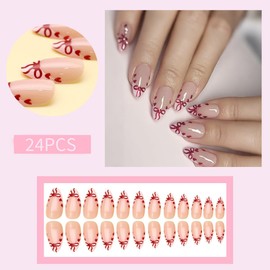 Cute Pink Press on Nails French Tip Medium Fake Nails Almond Shaped Acrylic Nails with Heart Bow Designs Gloss Glue on Nails Reusable Artificial False Nails for Women and Girls 24PCS
