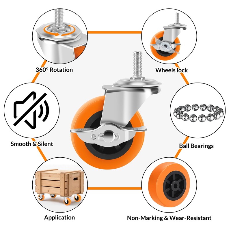 Caster Wheels, 3 Inch Casters Set of 8, Threaded Stem