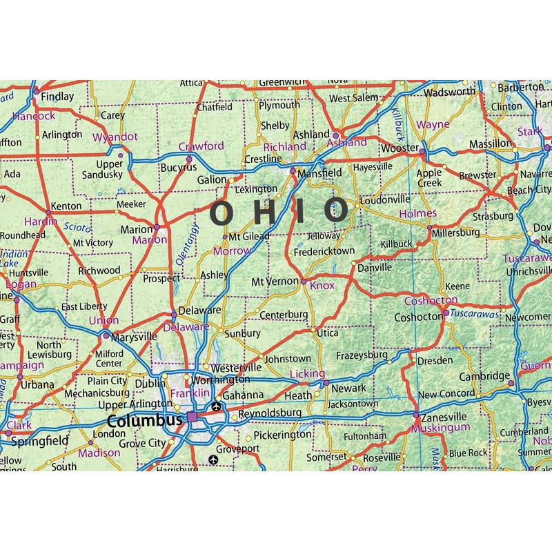 Illinois, Indiana, Ohio and Kentucky Physical Map - 23.3 x
