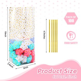 Somioco 100 Pcs 6“X 10” Bottomed Cellophane Goodie Bags Gold Star Prints Party Favor Bags Clear Cellophane Gift Bags Cookie Candy Bags Cellophane Treat Bags, Perfect for Parties, Weddings and Bakeries