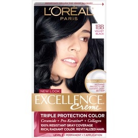 L'Oreal Paris Excellence Creme Permanent Hair Color, 1BB Velvet Black, 100 percent Gray Coverage Hair Dye, Pack of 1