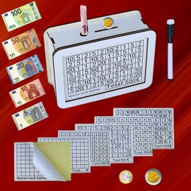 Wooden Money Box (6 Sizes) - Reusable Money Box with Savings Target and Numbers to Tick (€250), (500€), (750€), (1000€), Money Box with Numbers Ticking/Kakeibo Technology, White with Pen
