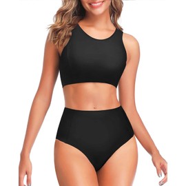 Tempt Me Women Two Piece Black High Waisted Bikini Set Sporty Swimsuits Bathing Suit with Bottom for Teen Girls L