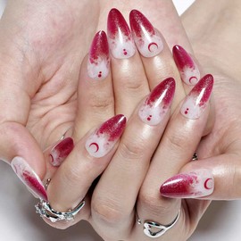 Short Almond Press on Nails, Ombre Gothic GLAMERMAID Glue on Nails with French Tip Fake Nails, Medium Oval Red Stick on False Nail Kits for Women Girls Gift, Reusable UV Finish Stiletto Acrylic Nails Sets