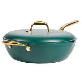 Frok 13" Frying Pan Wok Skillet 4MM Thick Quick Heat Aluminum Cookware w/Aluminum Lid Premium PFA Free Ceramic Nonstick Interior & Heat Resistant Exterior - Induction - Green & Gold