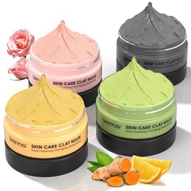 SHVYOG 4Pcs Face Mask Set - Turmeric Clay Mask, Vitamin C, Green Tea, Rose, Dead Sea Mud Mask, Skin Care Mask for Deep Cleansing, Refining Pores, Vale