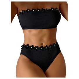 GORGLITTER - Traje de baño de bikini floral en 3D sin mangas, bandeau de cintura alta para mujer, Negro1, Large