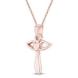 Angel Wing Cross Heart Pendant Necklace in 14K Rose Gold Over Sterling Silver 18" Chain
