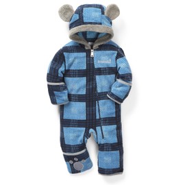 Snonook Fleece Baby Jacket - Winter Suit Bunting Bodysuit with Fold Over Mittens & Footies, Hooded & Zipper Down, Soft Cozy Warm Jumpsuit for Infants, Blue Plaid, 3-6 Months