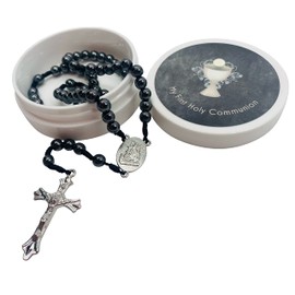 Westmon Works First Holy Communion Rosary Hematite Bead Catholic Deluxe Set with Case, Metal, Hematite, Plastic, No Gemstone