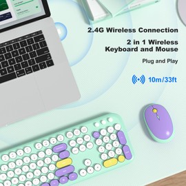 Wireless Keyboard and Mouse Combo, MOWUX Full Size Typewriter Retro Round Computer Keyboard, Cute Optical Mouse Wireless, Plug and Play, for Laptop, PC, Computer- Daydream Mint
