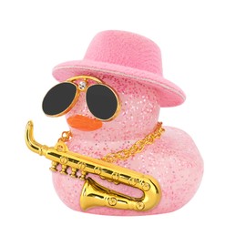 wonuu Car Decoration Saxophone Rubber Ducks, Dashboard Decor Duck Car Ornaments with Mini Top Hat Necklace Sunglasses, Pale Pink
