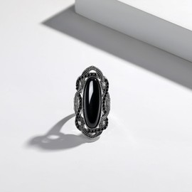 Rhodium Plated Large Black Stone Statement Rings for Women Size 7-9 (8)