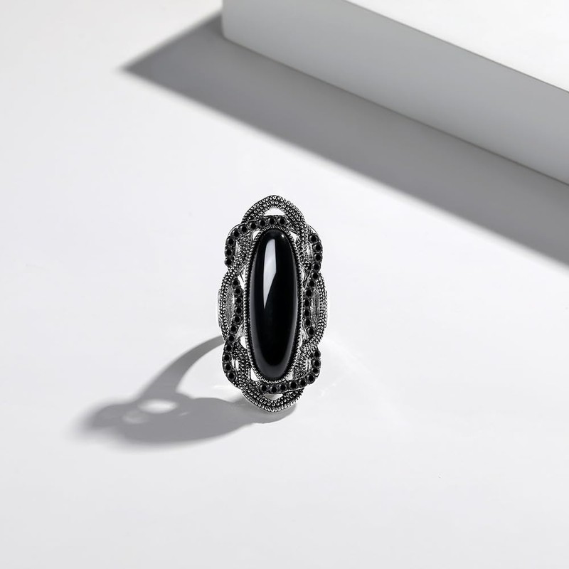 Rhodium Plated Large Black Stone Statement Rings for Women Size