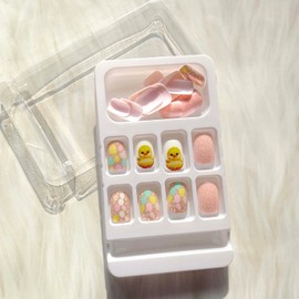 Short Press on Nails Easter Square Fake Nails Cute Chicken Easter Egg Wave Point Designs False Nails Glossy Pink False Nails with Colored Egg Designs Cartoon Artificial Glue on Nails for Women