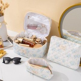 UUYUUY Makeup Bag for Women 3PCS Quilted Cotton Make Up Bag Travel Cosmetic Bag Large Makeup Bag Set Cute Makeup Bag Organizer Floral Toiletry Bag Makeup Pouch for Purse, Blue