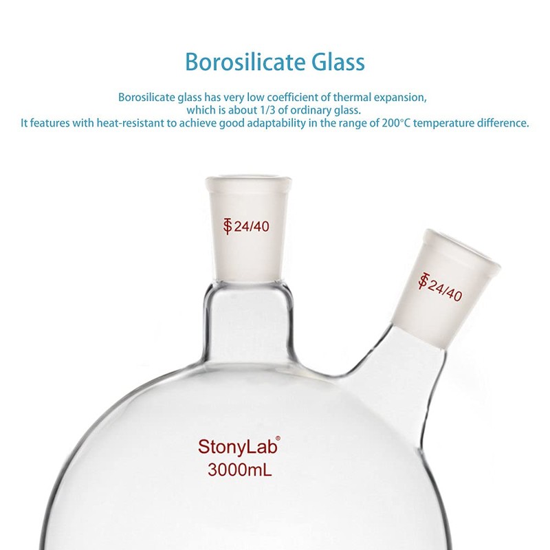 StonyLab Glass 2 Neck Round Bottom Flask RBF, with 24/40