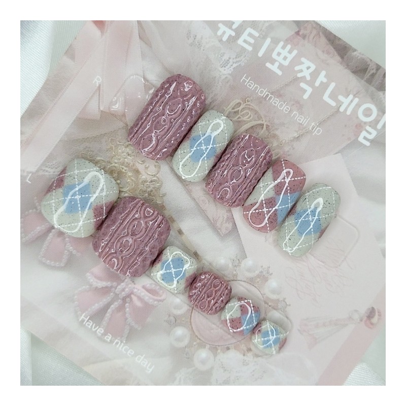 Argyle knit handmade nail tips, pedi tips - lipstick /
