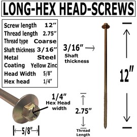 (10) 12" - Zinc Coated Rust Resistant Timber Tie - Heavy Duty Hex Head Structural Screw - 5/8" Wide Flange Head with coarse Thread for Secure Hold - Heavy Duty 3/16" Shank for Extra Strength